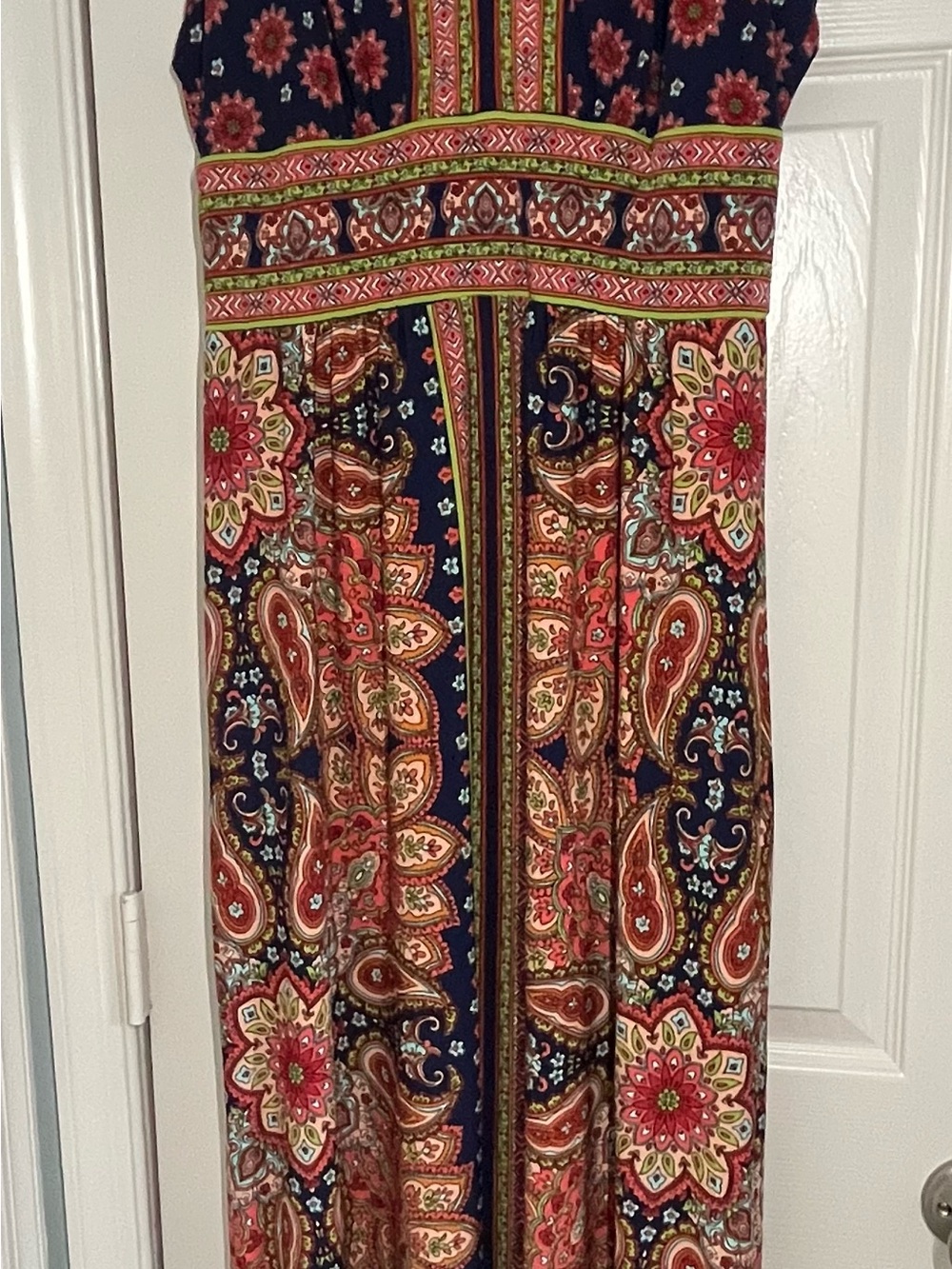 Maggy London Navy Maxi Skirt with Coral and Cream Paisley Floral Print
